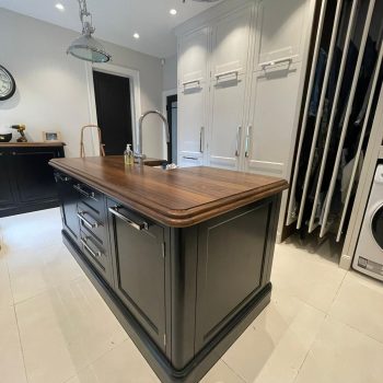 Bespoke custom made and designed Black kitchen island with wooden worktop