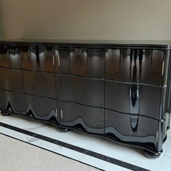Black high gloss bespoke design curved sideboard with pebble feet