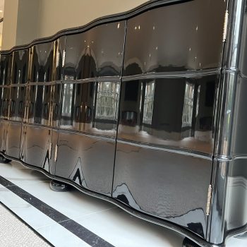 Black high gloss bespoke design curved sideboard with pebble feet