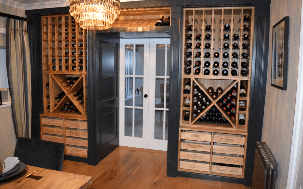 Bespoke Wall Of wine, Solid Oak Carcases, Tulip frame work with which spray painted