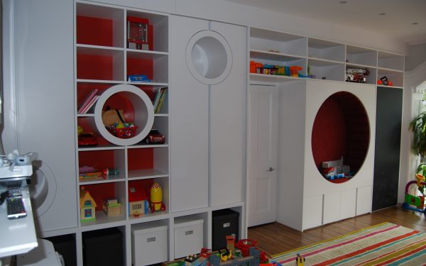 Bespoke Play Room Joinery, Nook area, Upholstery seating, Chalk Board, pull out storage