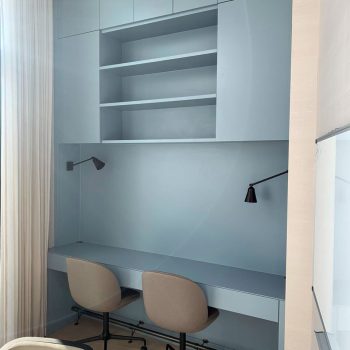 Luxury bespoke desk, home office for two people, open shelves