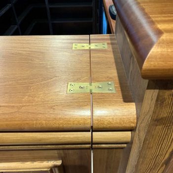 Bar top hinges fitted into a solid sapele worktop